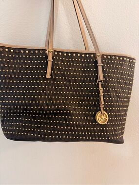 Michael Kors Black Tote with Gold Studs and Tan Trim